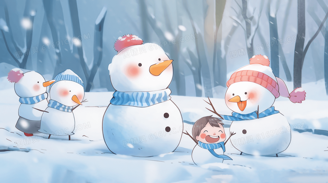 雪地里可爱的小雪人插画