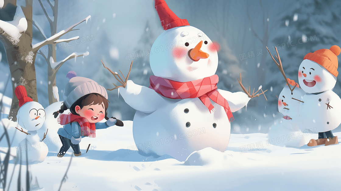 雪地里打雪仗的孩子们插画