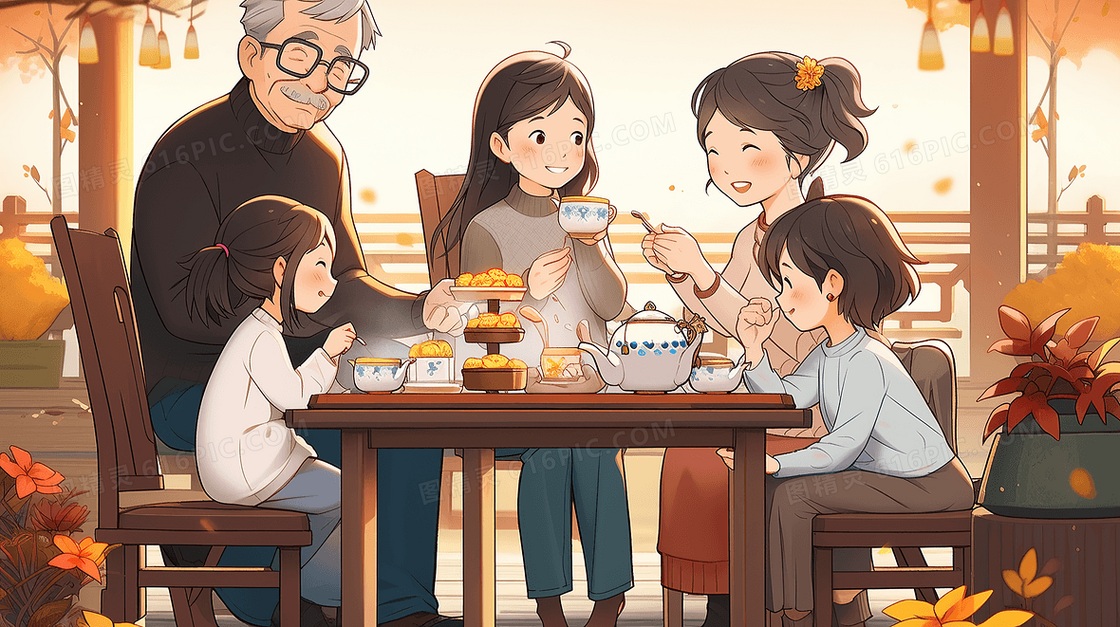 重阳节一家人吃饭插画