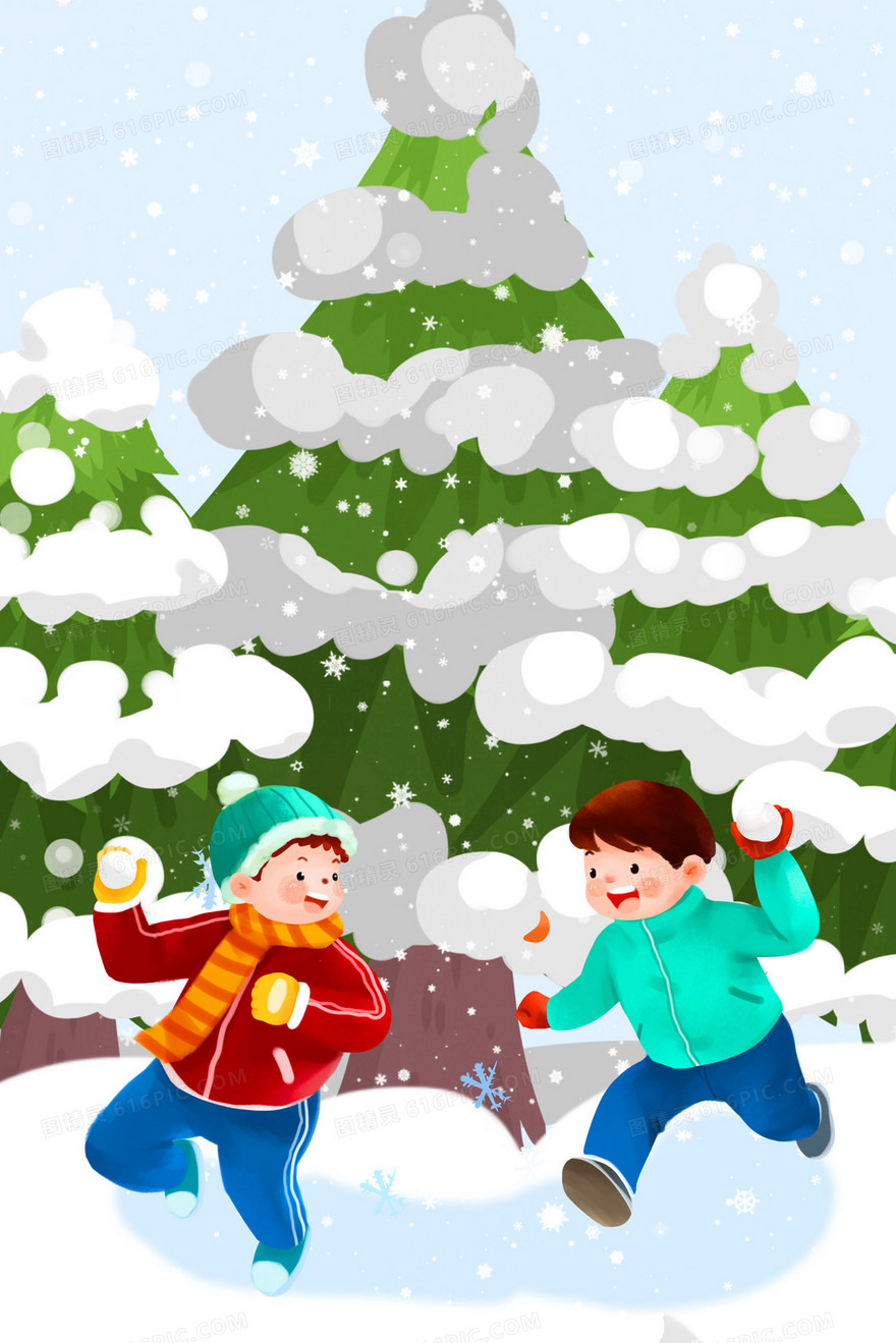 小雪节气男孩追着打雪仗插画
