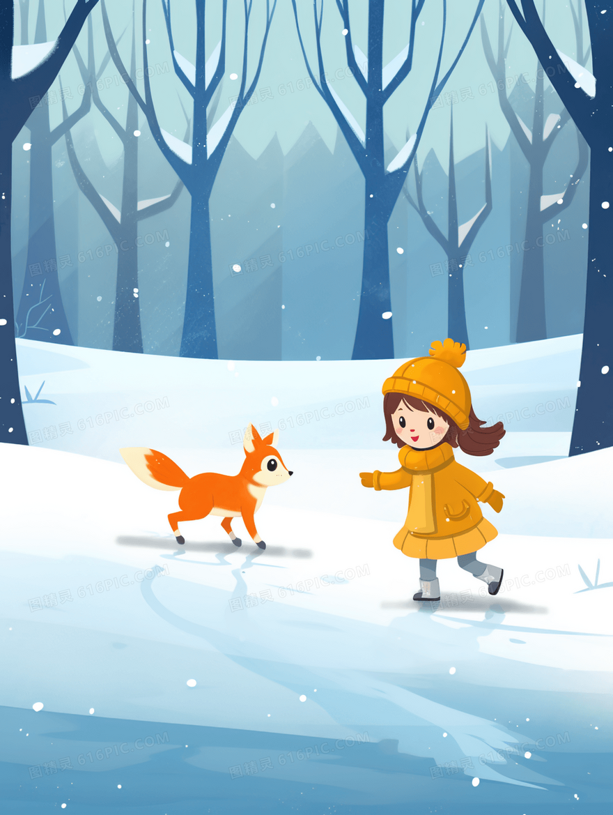 冬季在山林里溜冰的小女孩和小狐狸插画