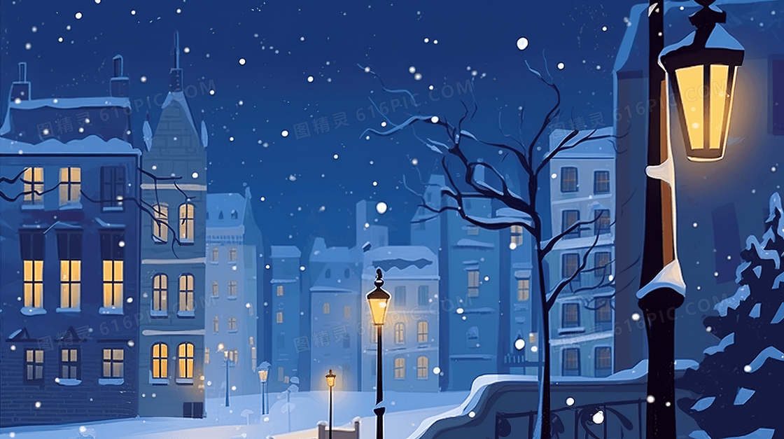 冬季城市下雪夜景插画