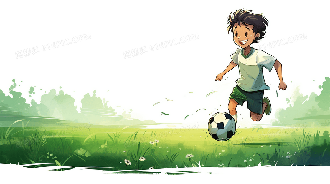草坪上踢足球的小男孩插画