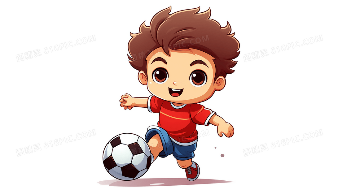 草坪上踢足球的小男孩插画