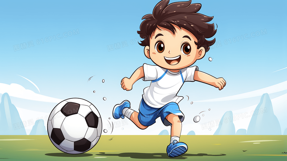 草地上踢足球的小男孩插画