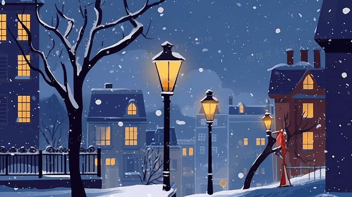 冬季城市下雪夜景插画