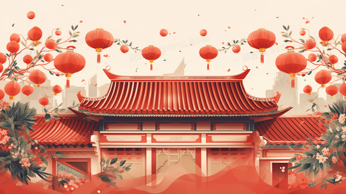 2024新年龙年喜庆中国建筑插画