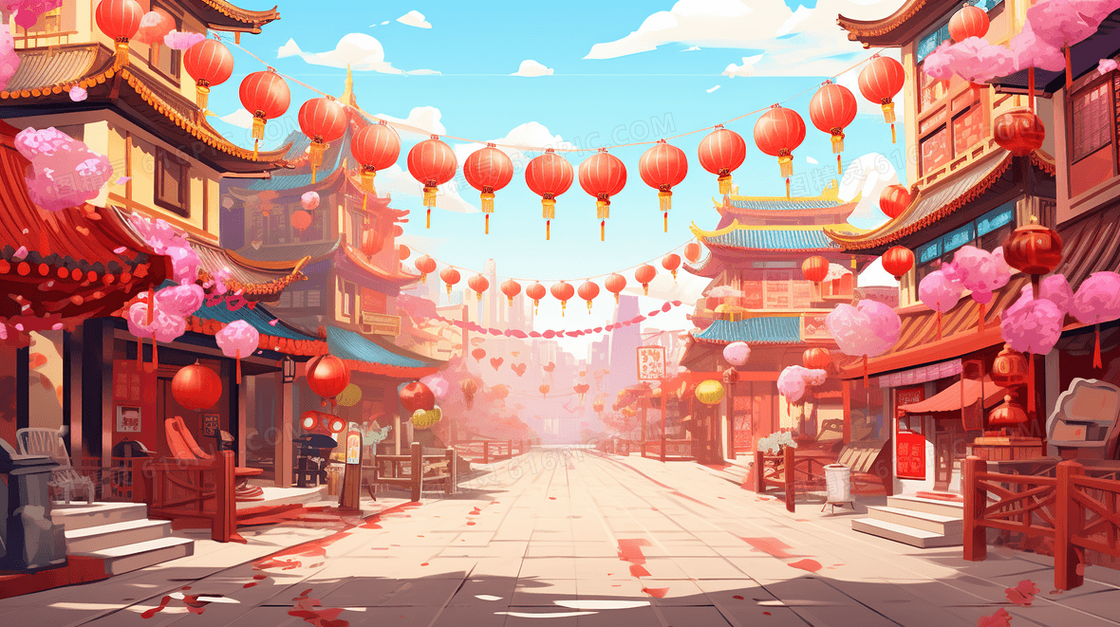 2024新年龙年喜庆国潮风中国建筑插画