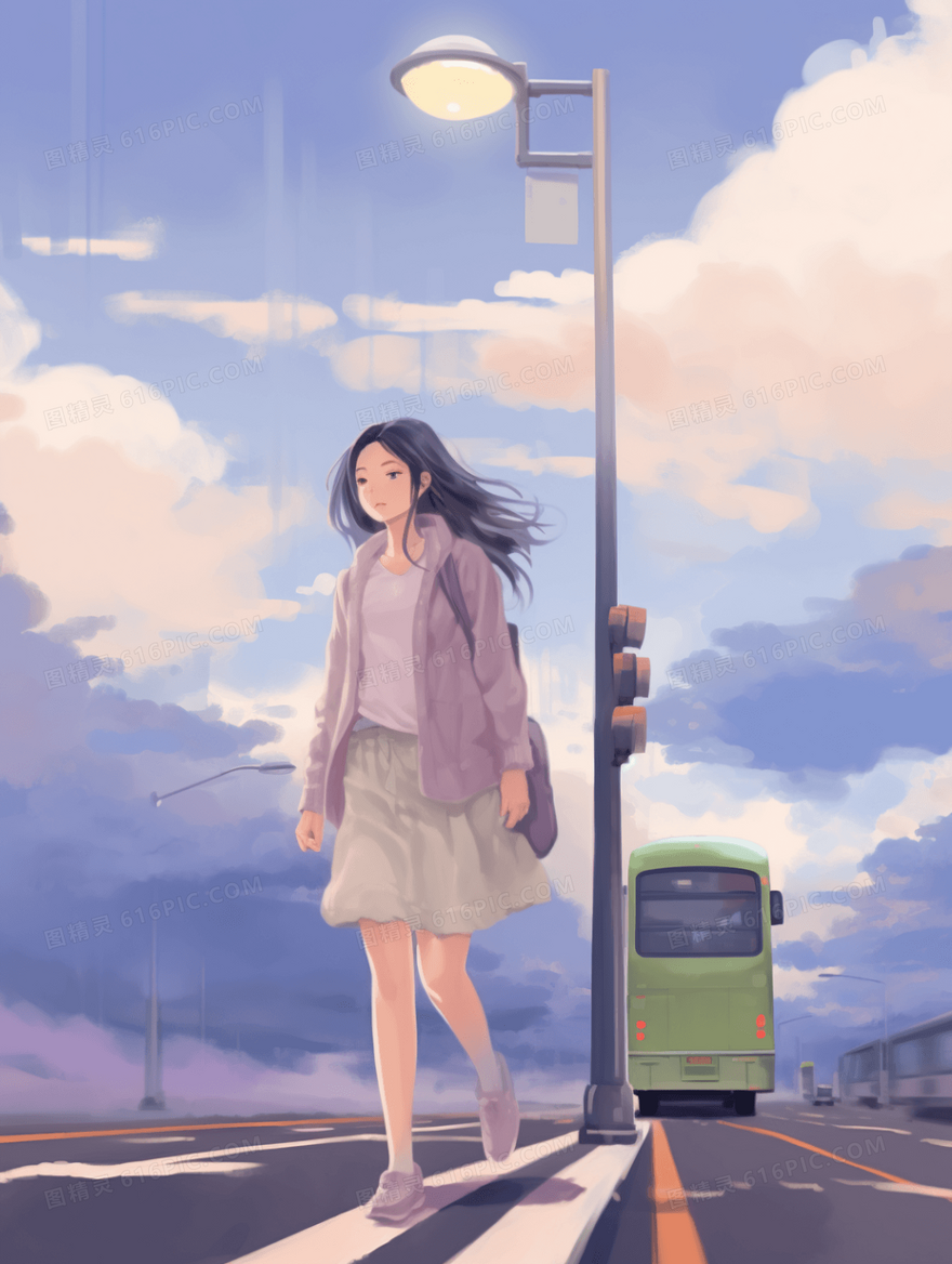 放学行走在马路上的女生插画