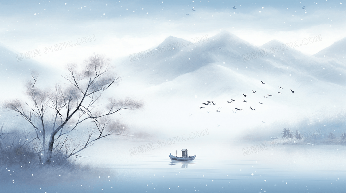 冬天中国风雪景唯美氛围感插画