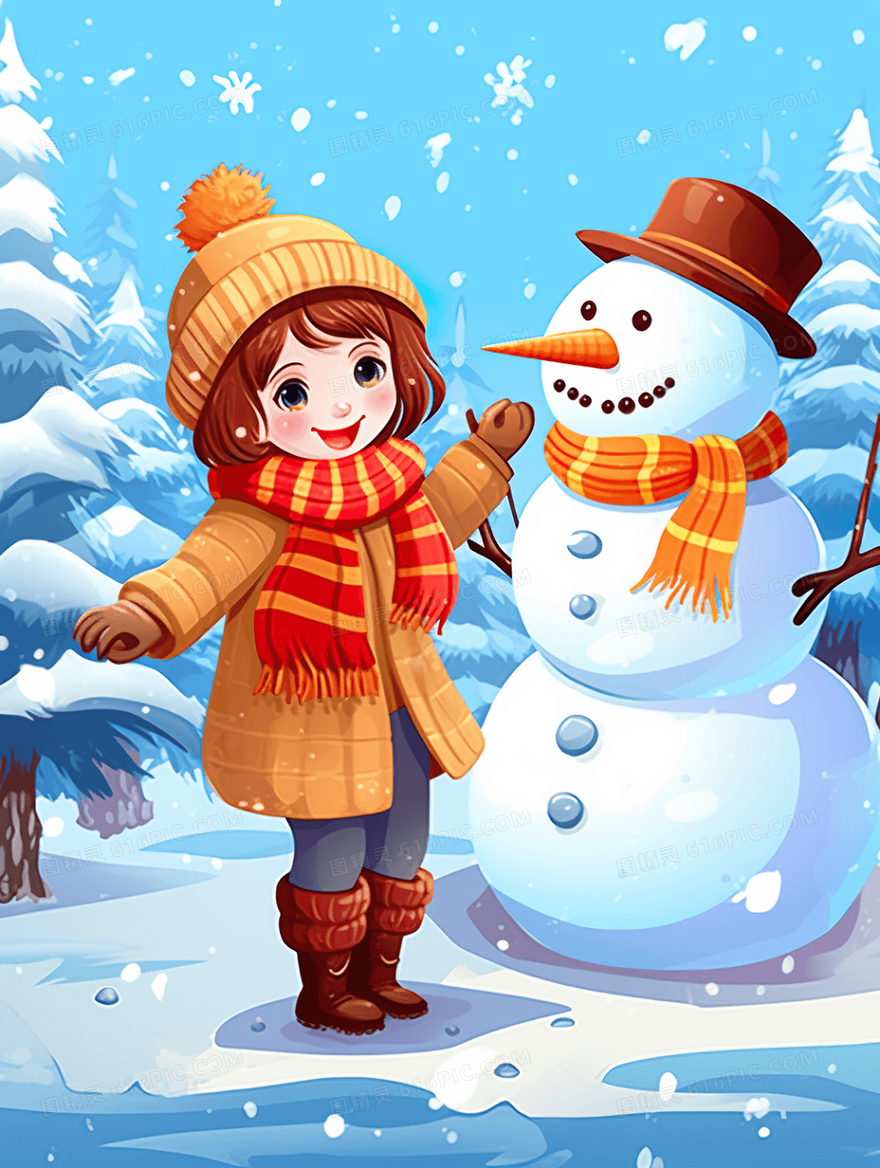 冬天小女孩在雪地里玩耍插画