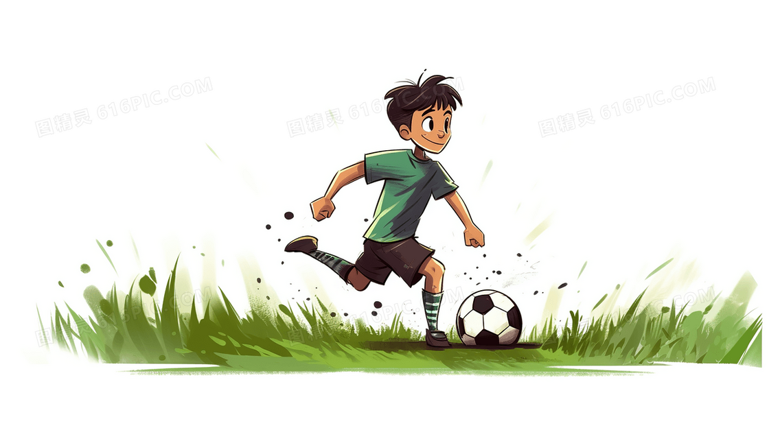 草场上踢足球的小男孩插画