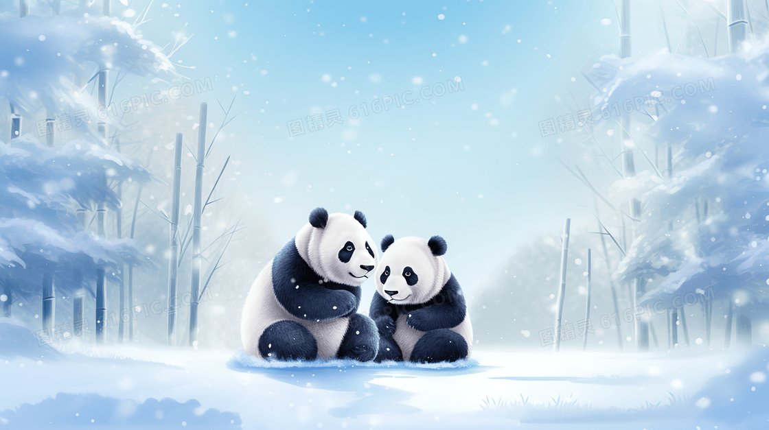 冬季森林里风雪中的大熊猫插画