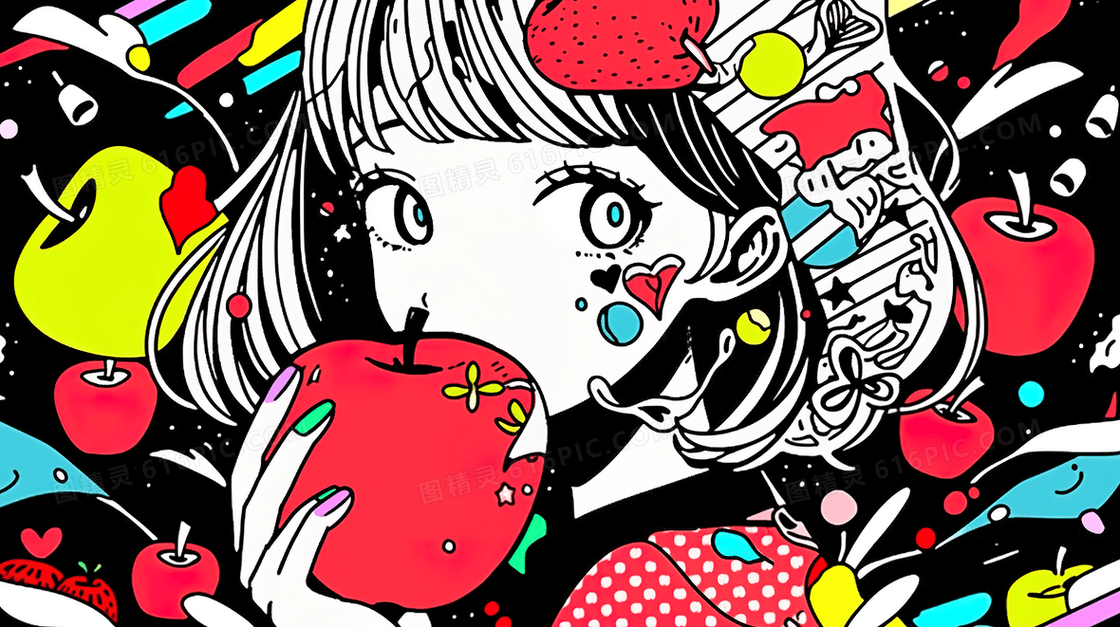 彩色多巴胺吃苹果的青春女孩插画