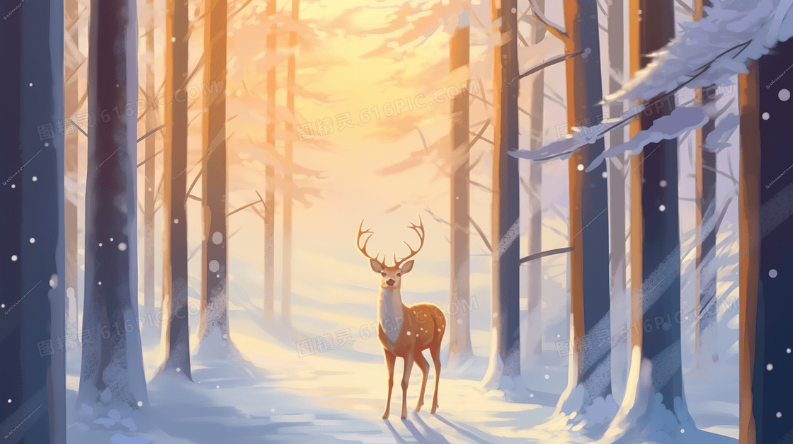 冬季森林中阳光下的小鹿插画