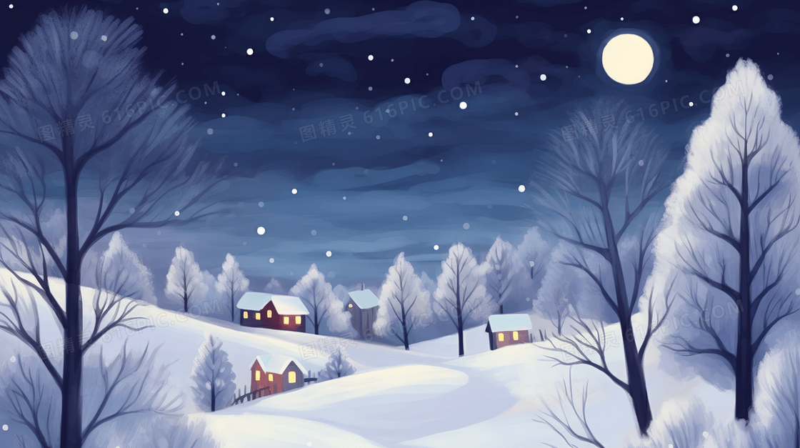 冬季乡村的夜景插画