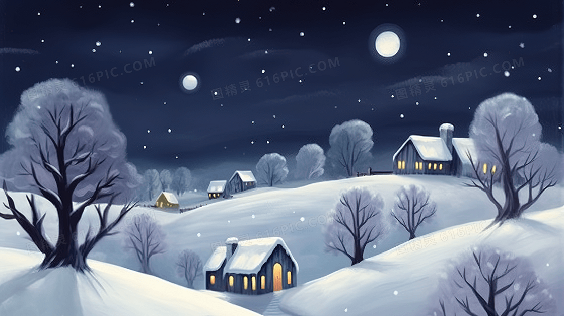 冬季乡村的夜景插画