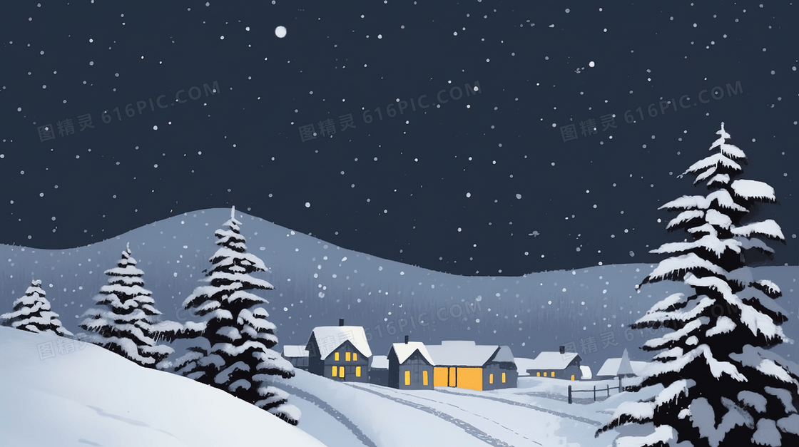 冬季乡村的夜景插画