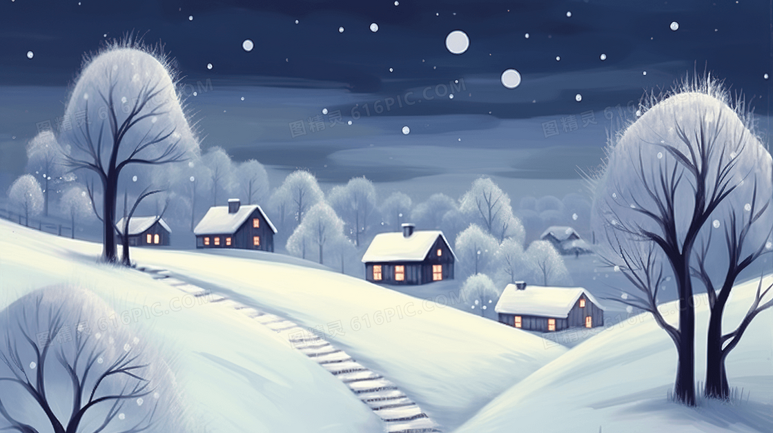 冬季乡村的夜景插画
