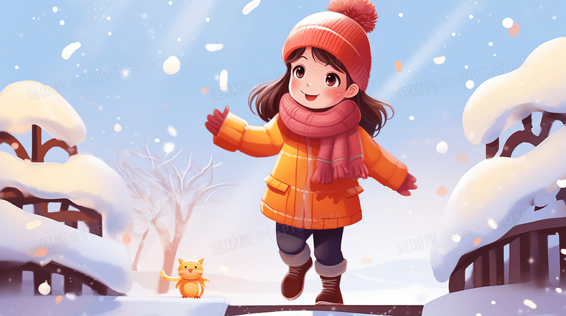 在积雪山林里玩耍的小女孩插画