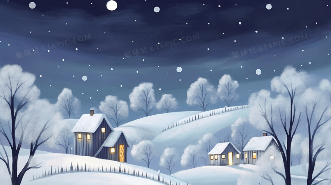 冬季乡村的夜景插画
