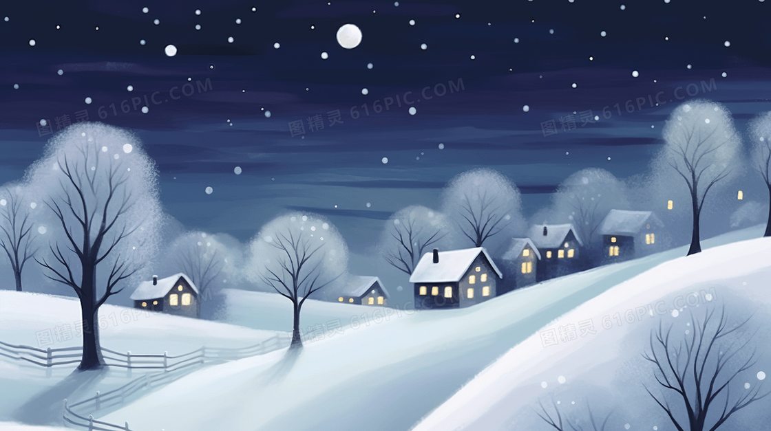冬季乡村的夜景插画