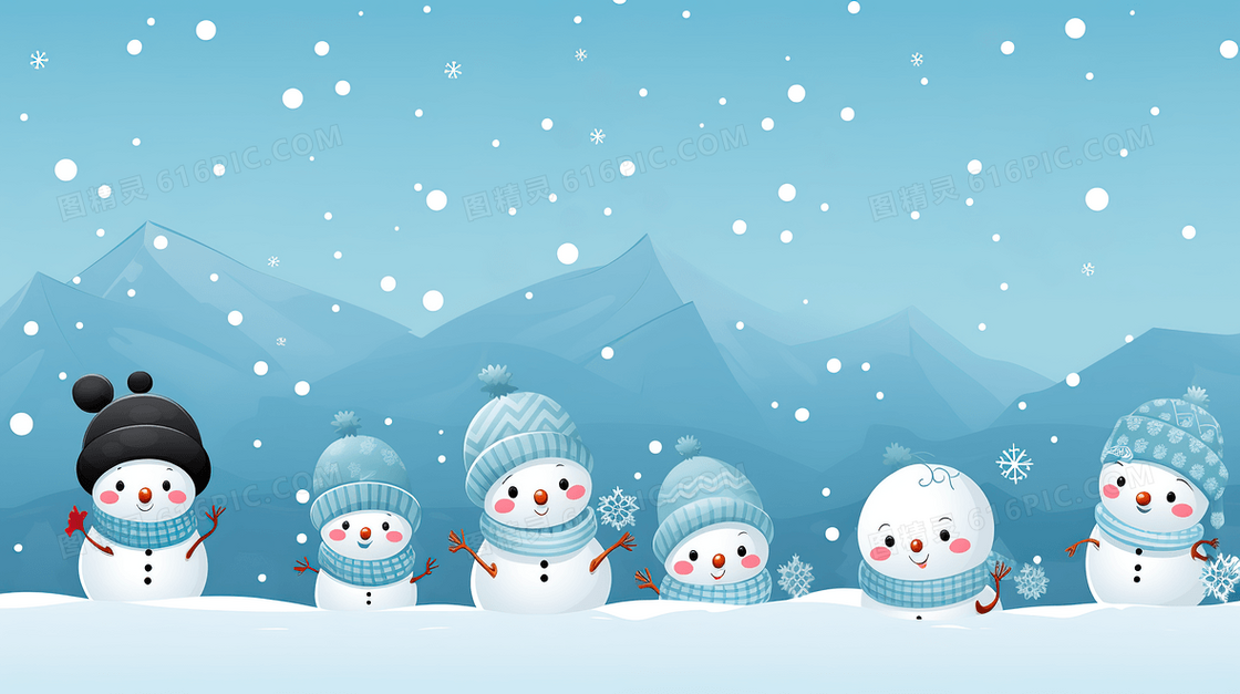 雪地上的一排雪人插画