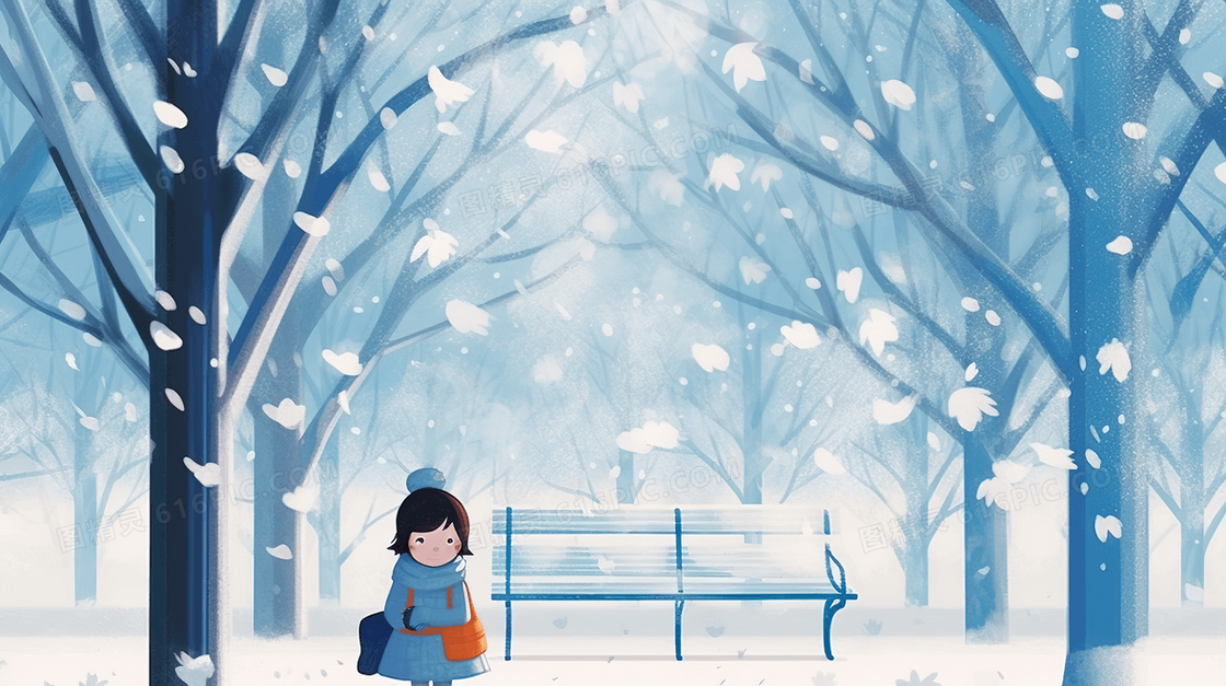 冬日公园长椅旁的小女孩插画