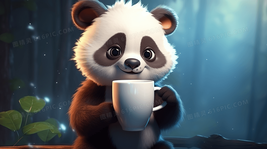 可爱呆萌的3D大熊猫喝茶插画