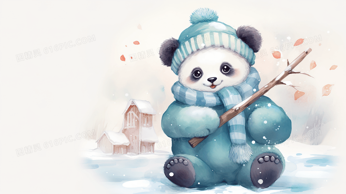 拿着树枝的可爱哒熊猫宝宝插画