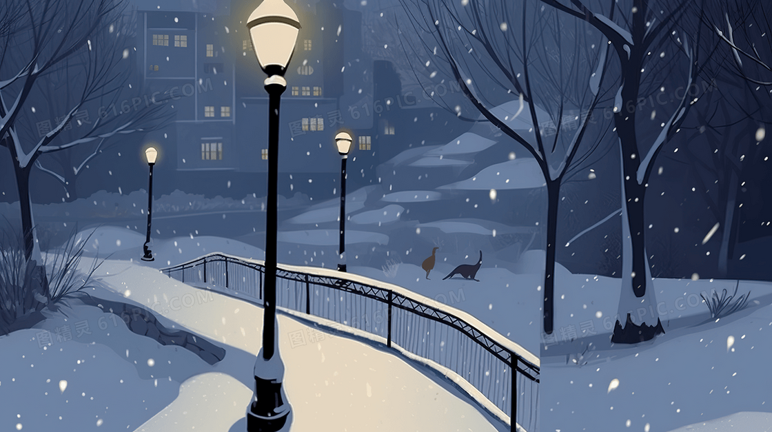 冬季路灯下的积雪道路插画