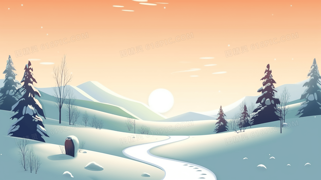 冬季积雪山林的日出插画
