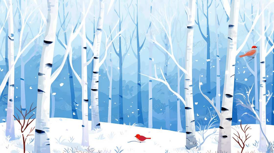 冬季积雪桦树林插画