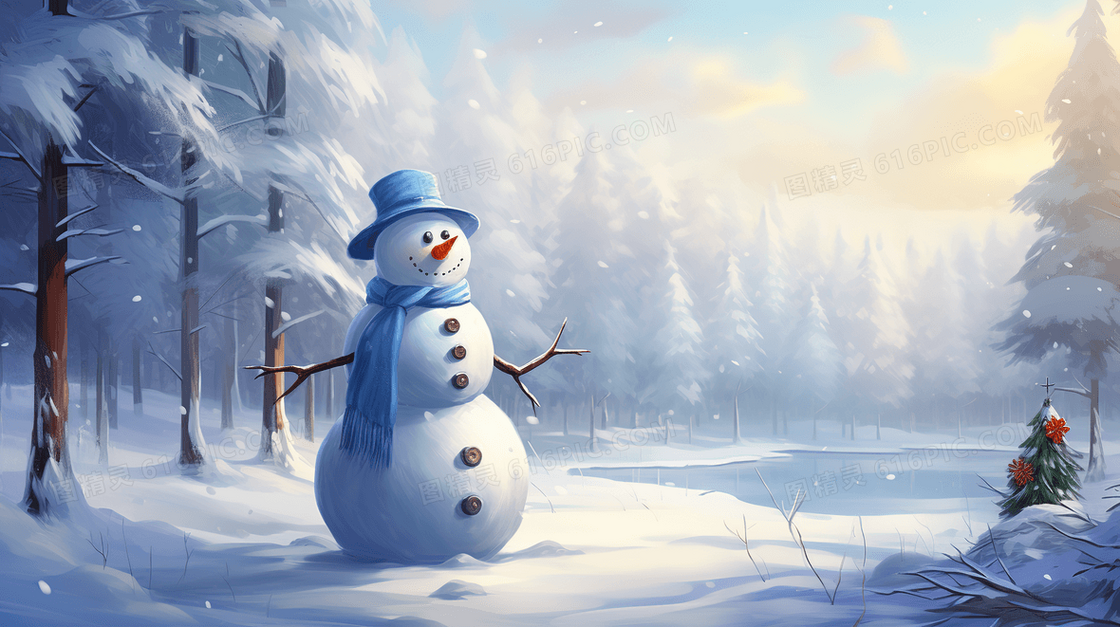 积雪松树林里的雪人插画