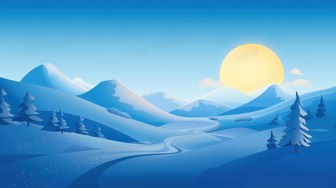 冬季大山明月唯美雪景插画