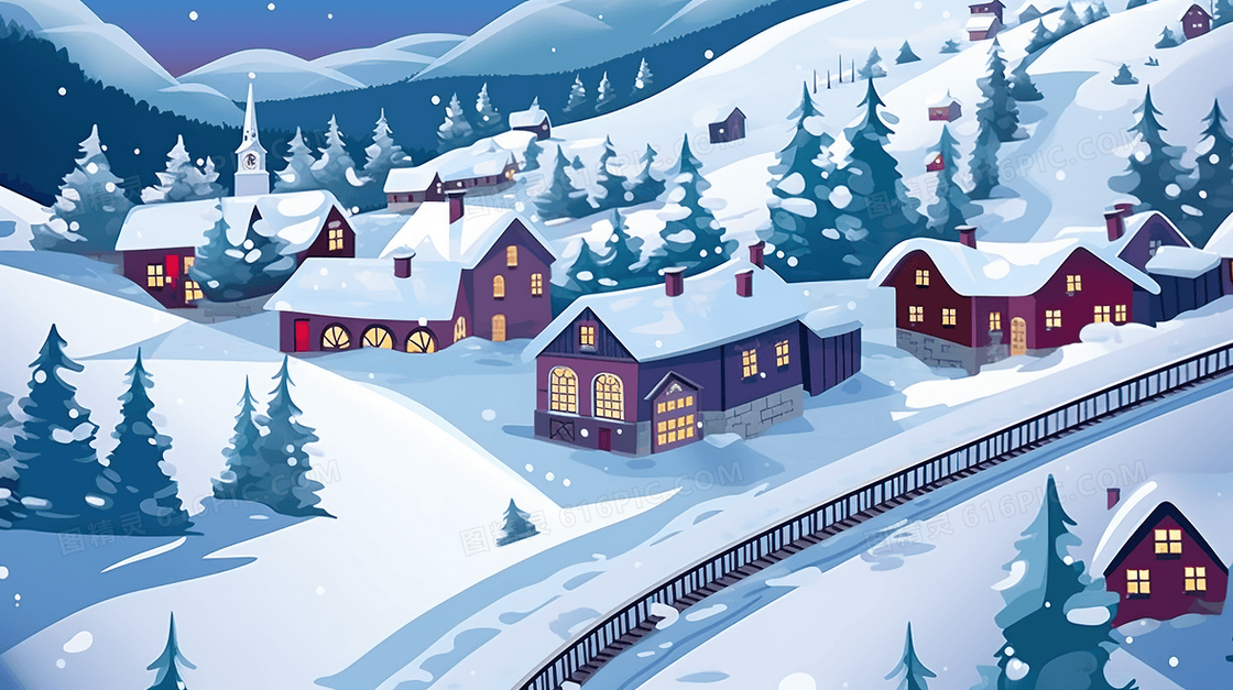 冬天山林里的乡镇插画