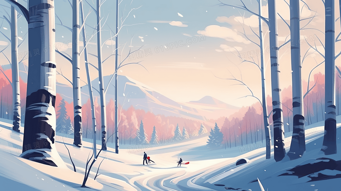 积雪桦树林清晨唯美雪景插画