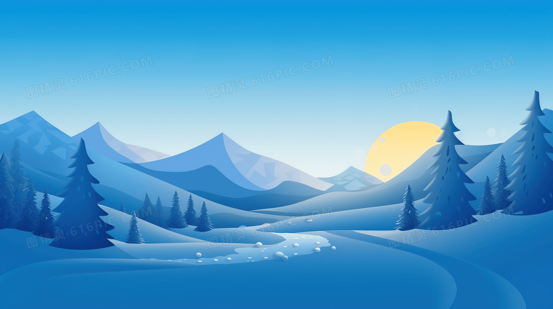 冬季大山明月唯美雪景插画