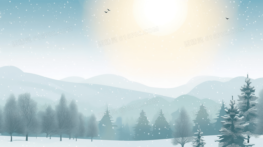 冬季积雪山林的日出插画