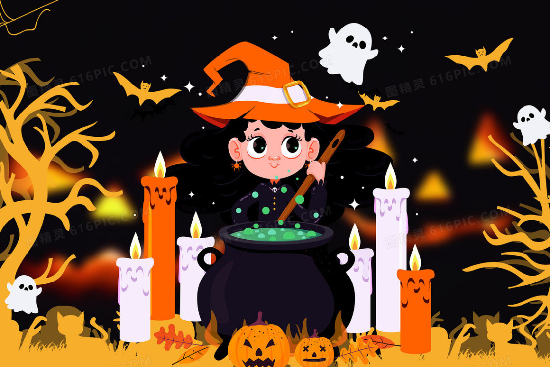 万圣节卡通魔法仙女女巫人物插画