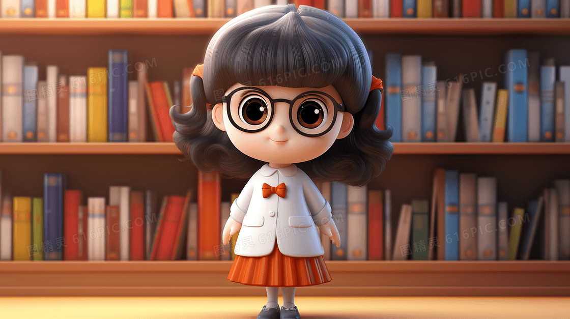 图书馆书架前戴眼镜的小女孩插画