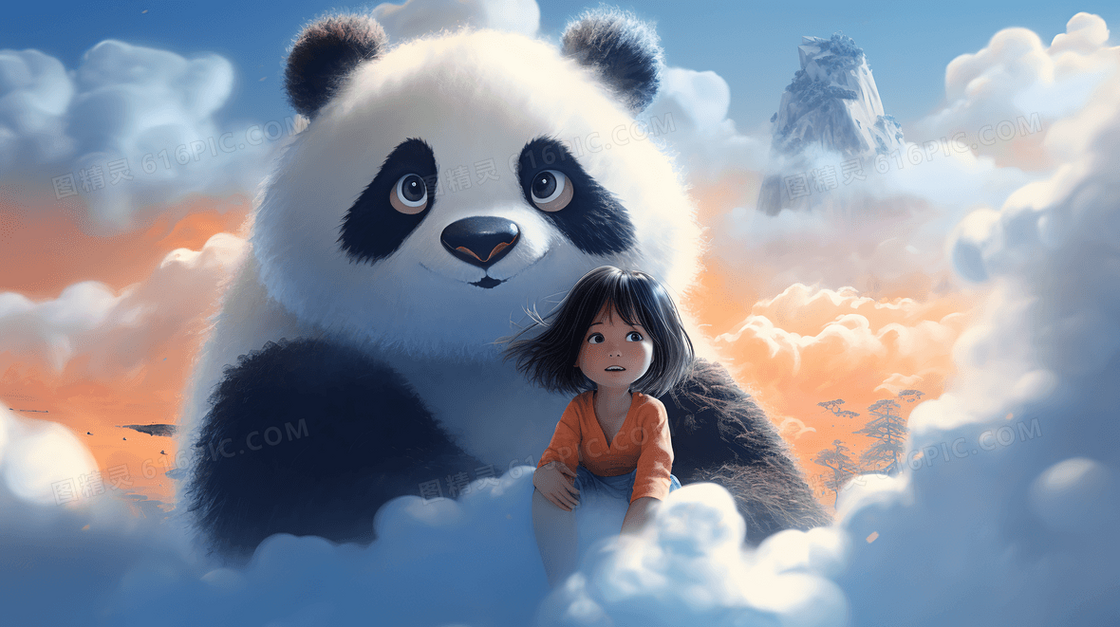 可爱大熊猫抱着小女孩坐在云团上插画
