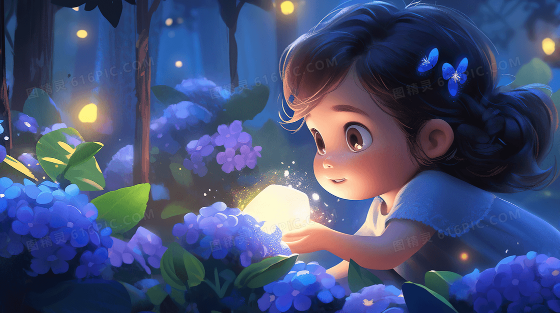 夜晚森林里小女孩找寻萤火虫插画