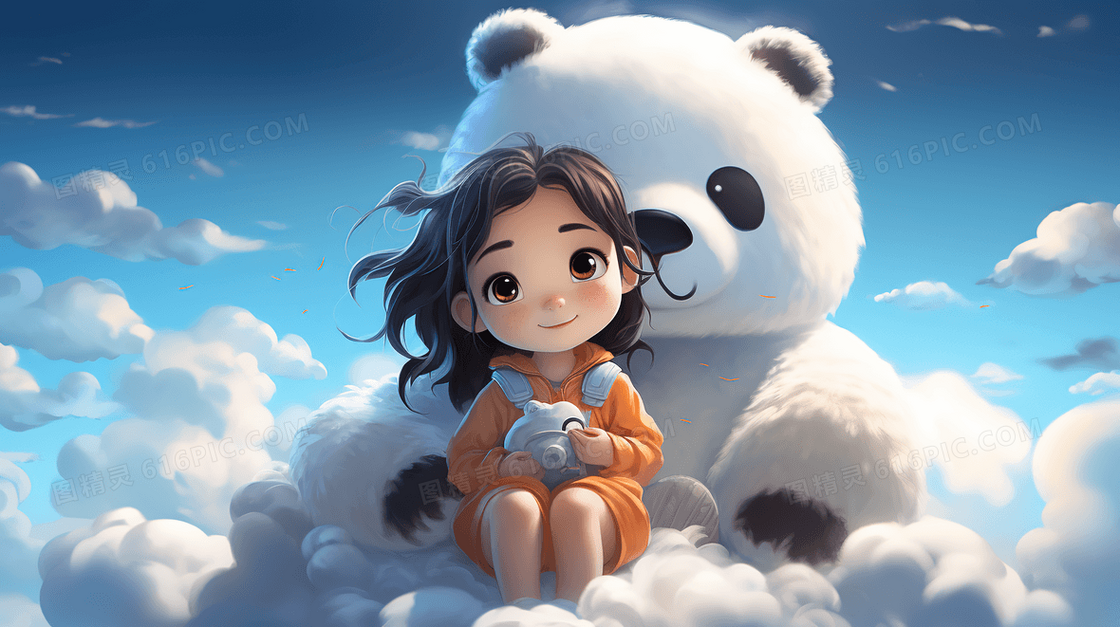 可爱白熊抱着小女孩坐在云团上插画