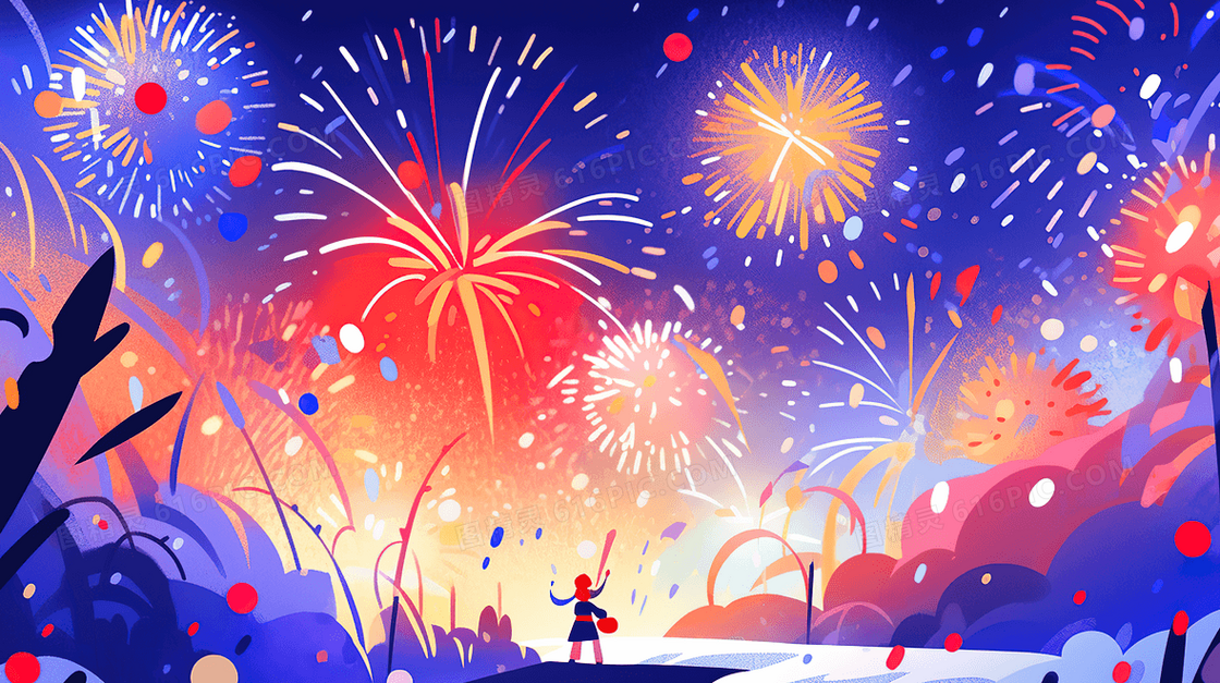 春节放烟花传统庆祝活动插画