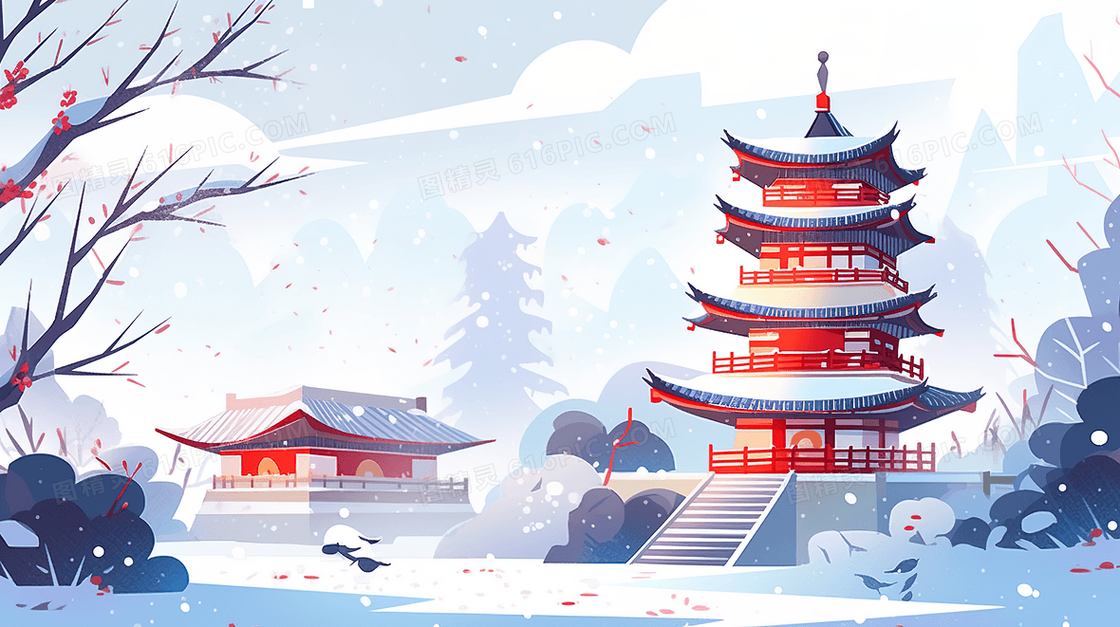 中国风建筑群风景插画