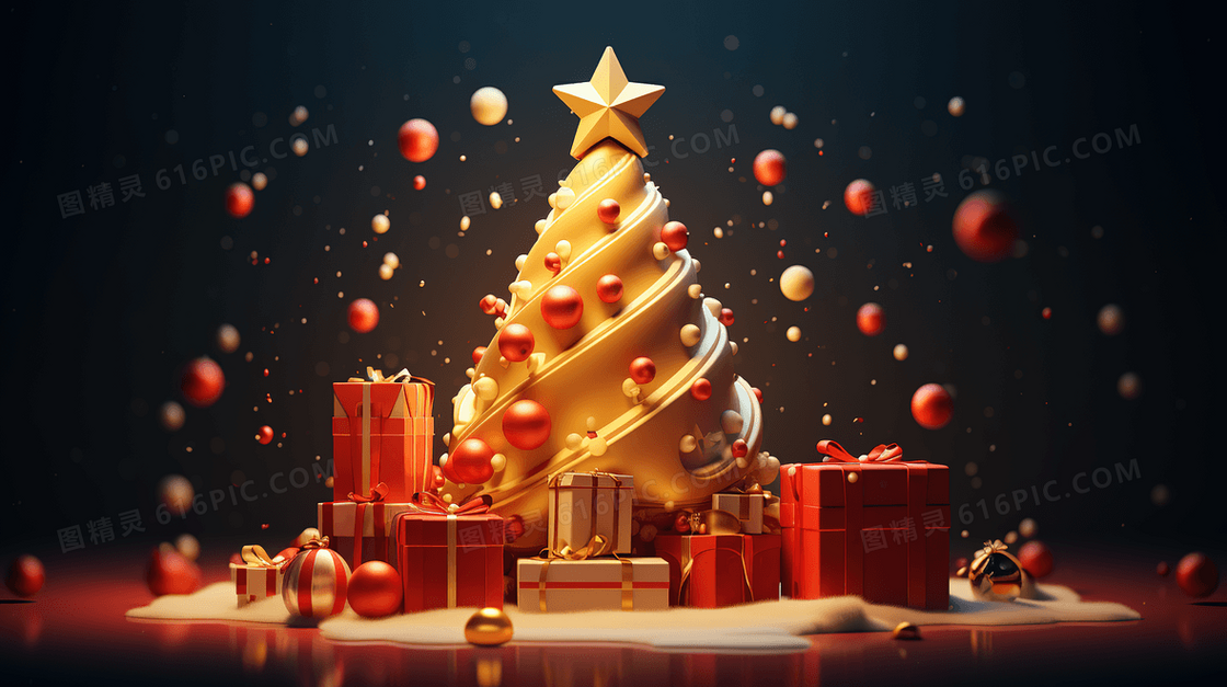 黄金圣诞树和圣诞礼物插画