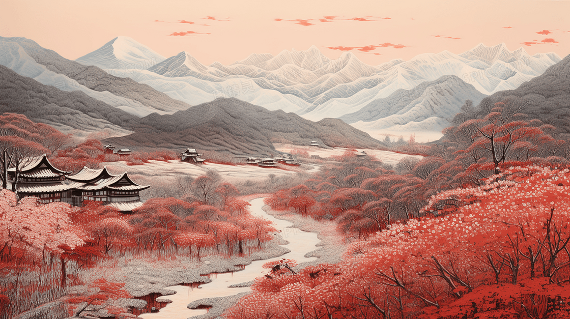 中国风深秋红叶远山自然风景插画