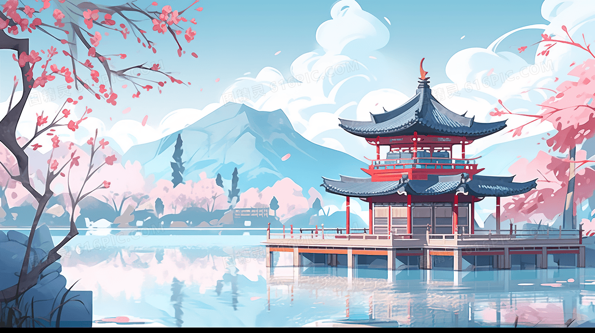山边湖中的中式阁楼插画