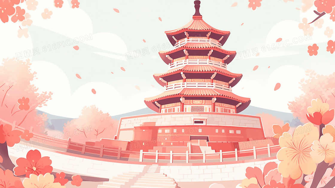 中国风建筑群风景插画